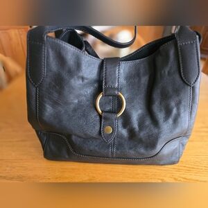 Frey 100% Leather Gold Hardware Black Hobo Satchel Purse 12 1/2 W X 7" D X 10" H